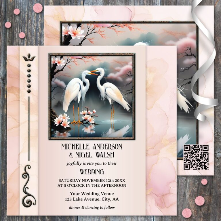 Japanese Cranes Egret Romantic Wedding Invitation