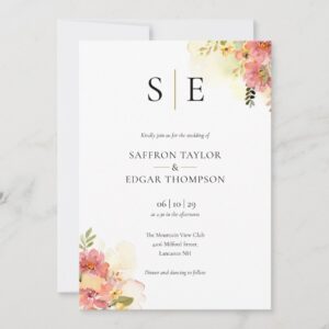 Watercolor Floral Monogram QR Code Wedding Invitation