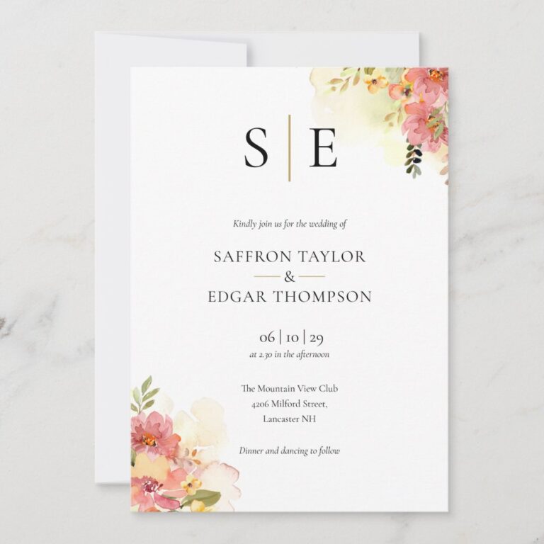 Watercolor Floral Monogram QR Code Wedding Invitation