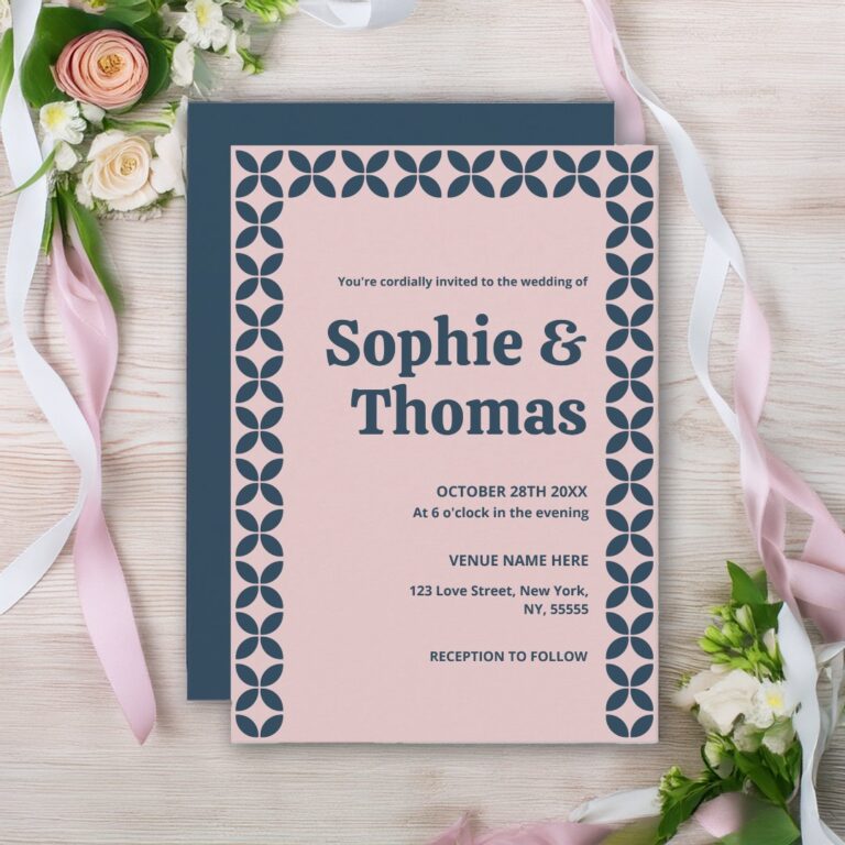 Elegant Retro Blush Navy Geometric Wedding Invitation