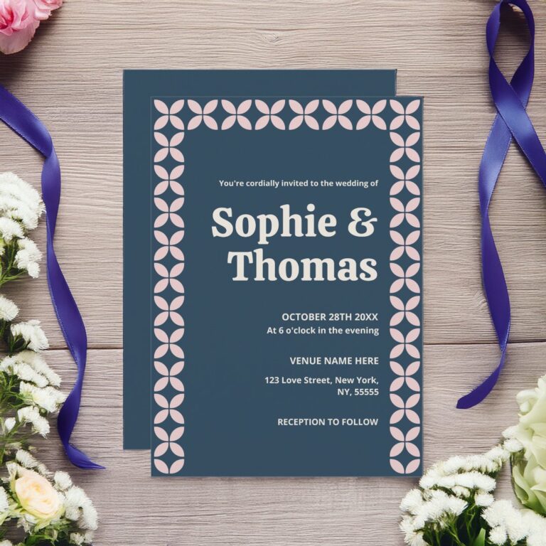 Elegant Retro Navy Blush Geometric Wedding Invitation