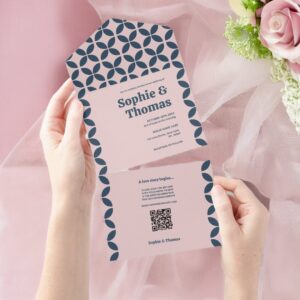 Elegant Retro Navy Blush Geometric Wedding All In One Invitation