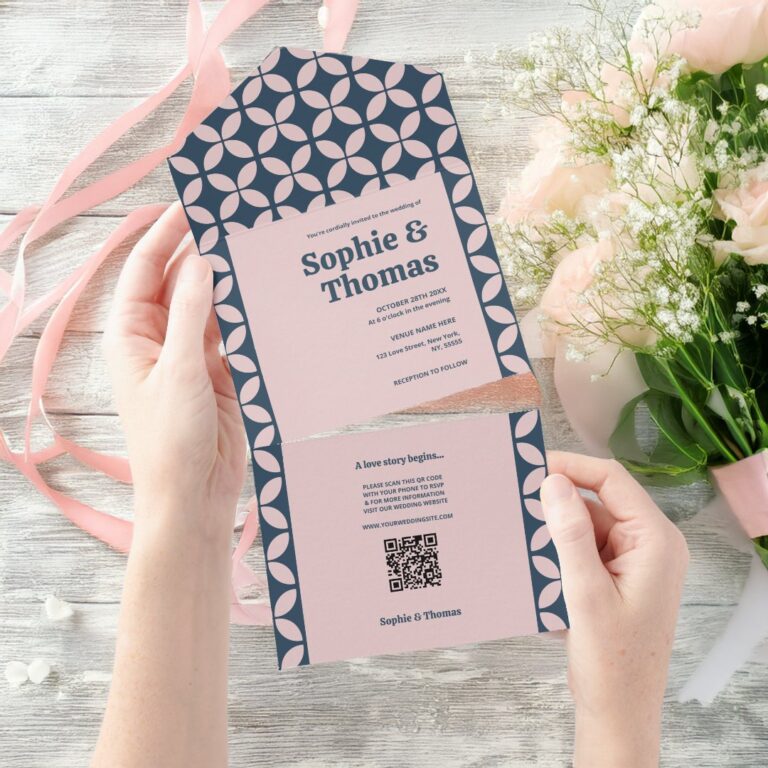 Elegant Retro Blush Navy Geometric Wedding All In One Invitation