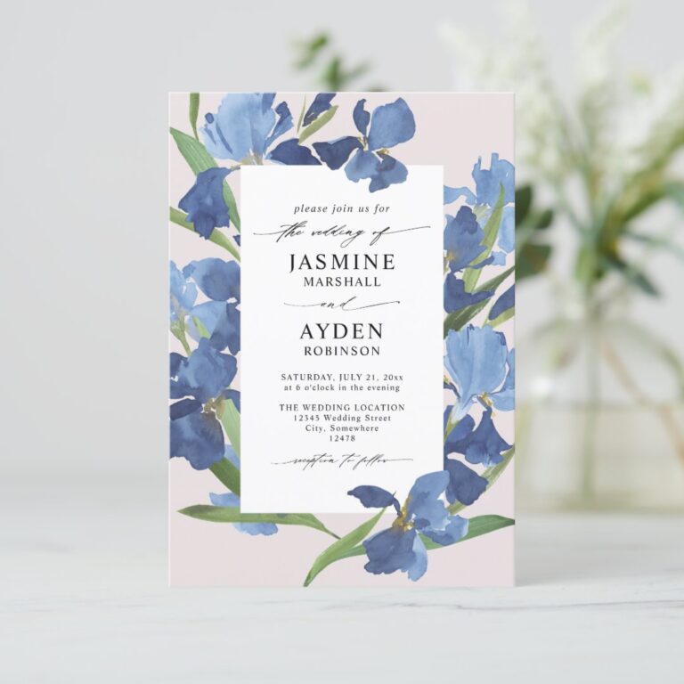 Blue Flowers Elegant Modern Budget QR Code Wedding Invitation