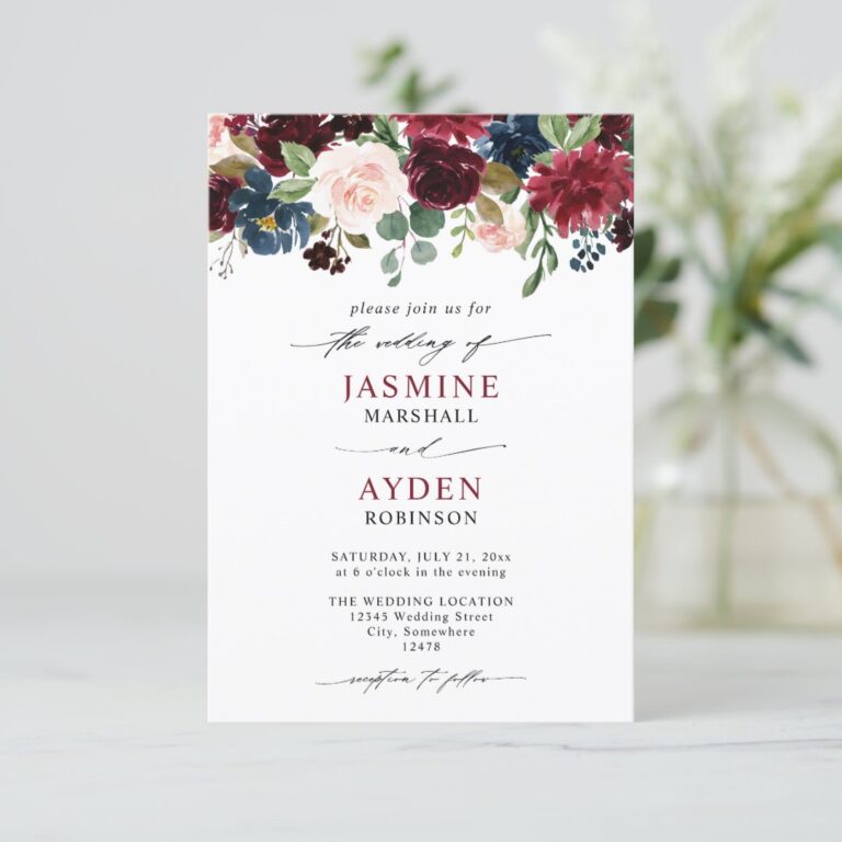 Burgundy Navy Floral Modern Budget QR Code Wedding Invitation