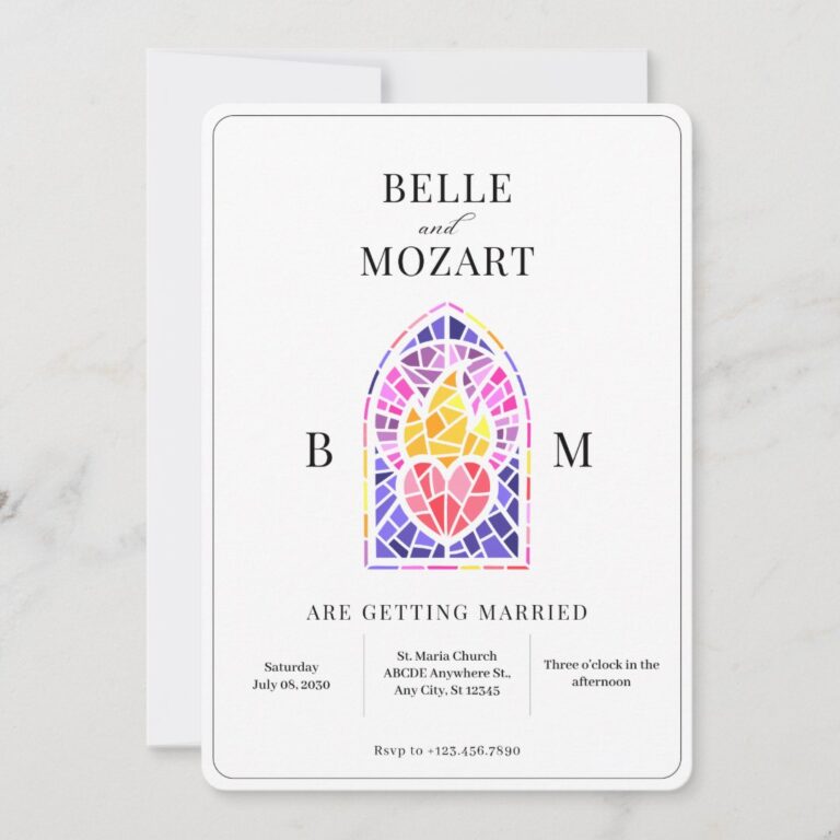 Purple burning heart stained glass art wedding invitation