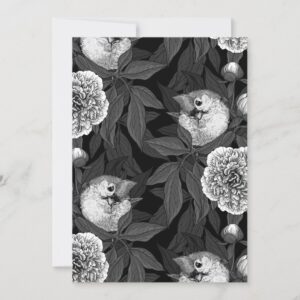 Birds and peony flowers monochrome, gray