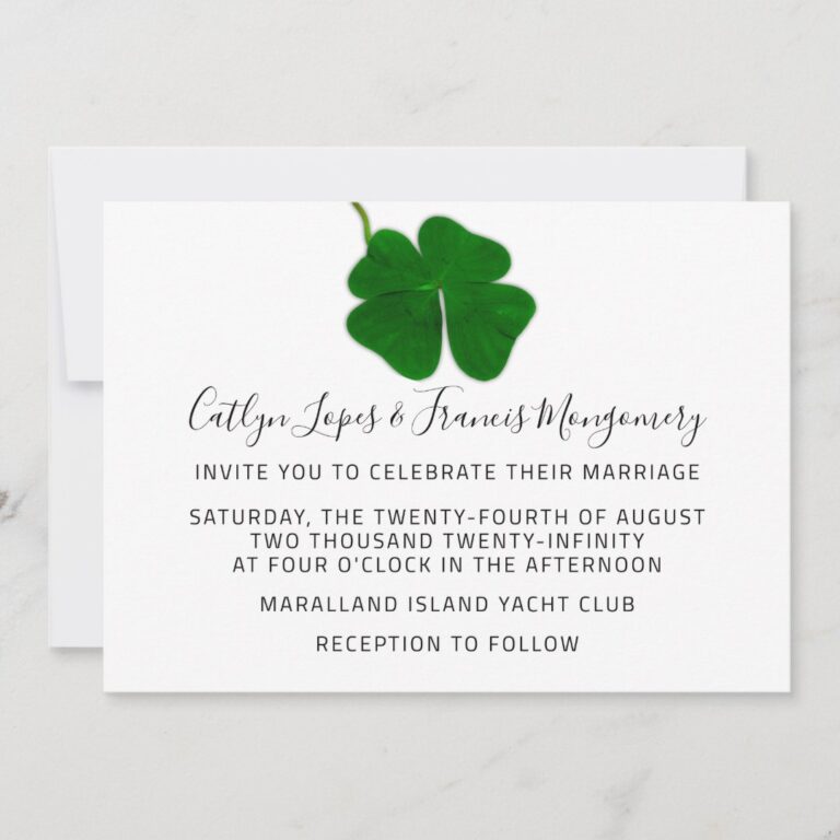 Wedding Black White Green Four-leaved Clover Invitation