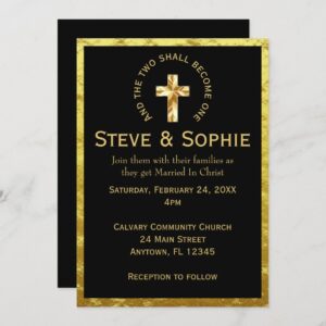 Elegant Gold Christian Cross Black Wedding Invitation