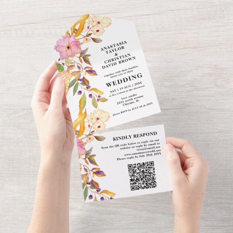 Beige Floral QR Code All In One Invitation