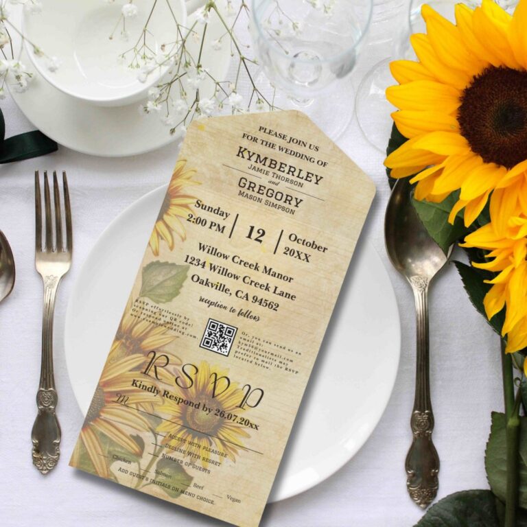 Vintage Style Sunflower in Yellow Cream QR Code All In One Invitation