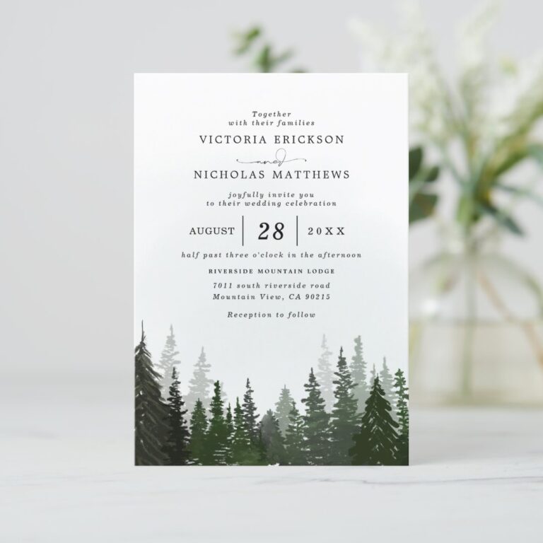 Elegant Forest Trees Pine Budget QR Code Wedding Invitation