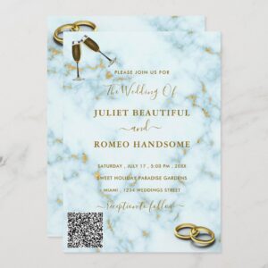 Gold White Marble Wedding Invitation with QR Code