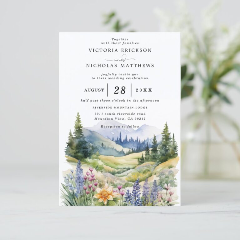 Mountain Wildflowers Rustic Budget QR Code Wedding Invitation