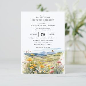 Mountain Wildflowers Rustic Budget QR Code Wedding Invitation