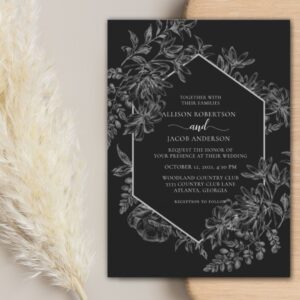 Elegant Black and White Geometric Floral Wedding Invitation