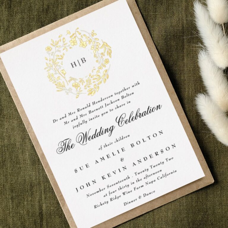 Classic Botanical Floral Wreath Wedding Foil Invitation