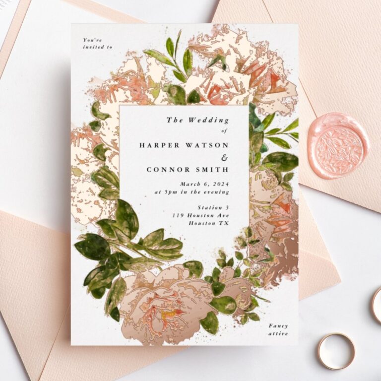 Shimmering Rose Gold Romance Watercolor Wedding Foil Invitation