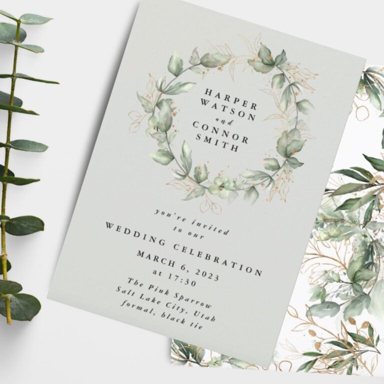 Gold Eucalyptus Wreath Green Sea Glass Wedding Invitation