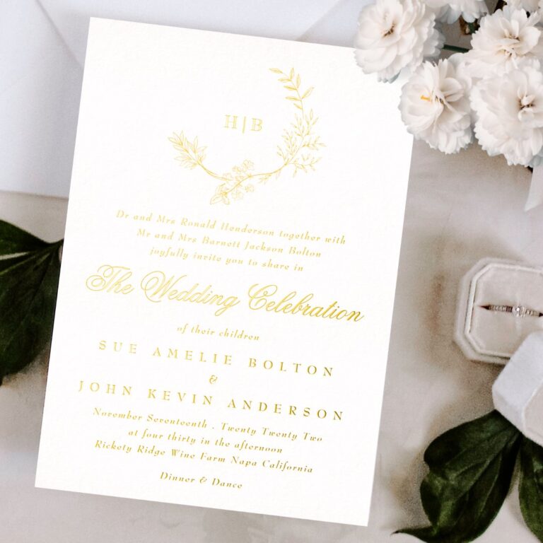 Beautiful Floral GOLD Monogram Sketched Wedding Foil Invitation