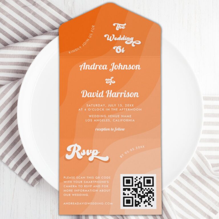 Peach Orange Retro Wave Groovy 70s QR Code Wedding All In One Invitation