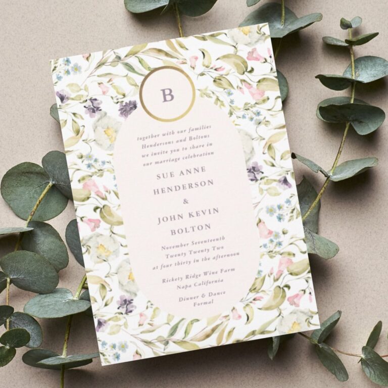 Gold Circle Monogram Wildflower Oval Wedding Invitation