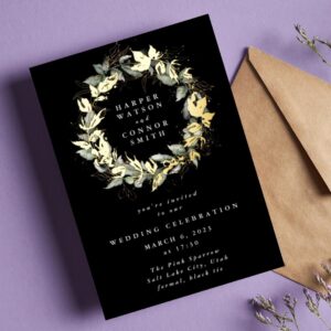 Premium Onyx Real Gold Eucalyptus Wreath Wedding Foil Invitation