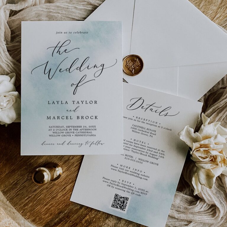 Watercolor Wash | Blue All In One QR Code Wedding Invitation