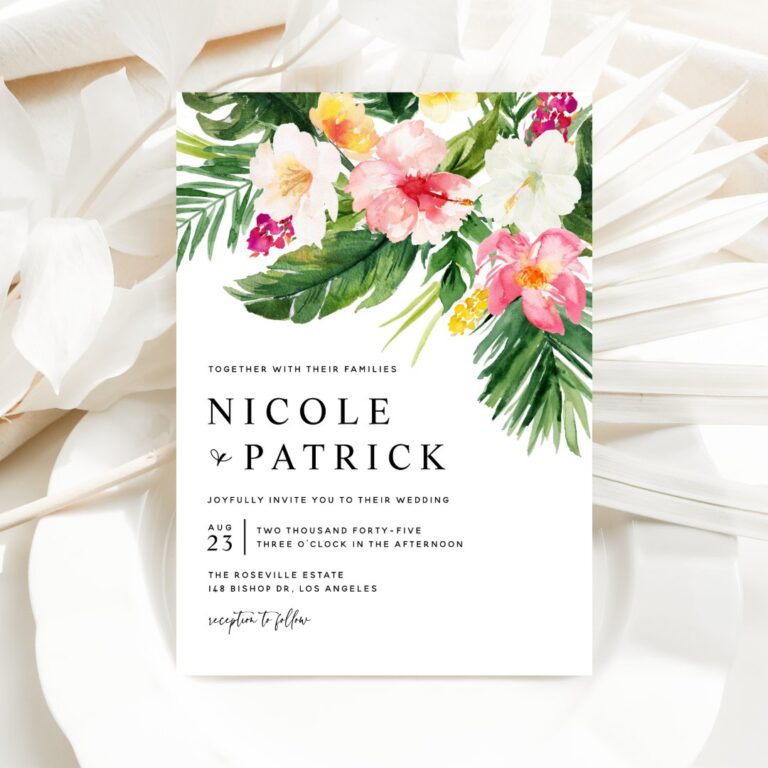 Watercolor Tropical Flowers QR Code Wedding Invitation