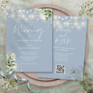 Dusty Blue String Lights Floral QR Code Wedding Invitation