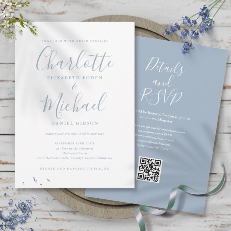 Dusty Blue Elegant Script QR Code Wedding Invitation