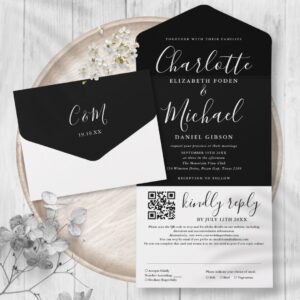 Black And White Modern Script QR Code Wedding All In One Invitation