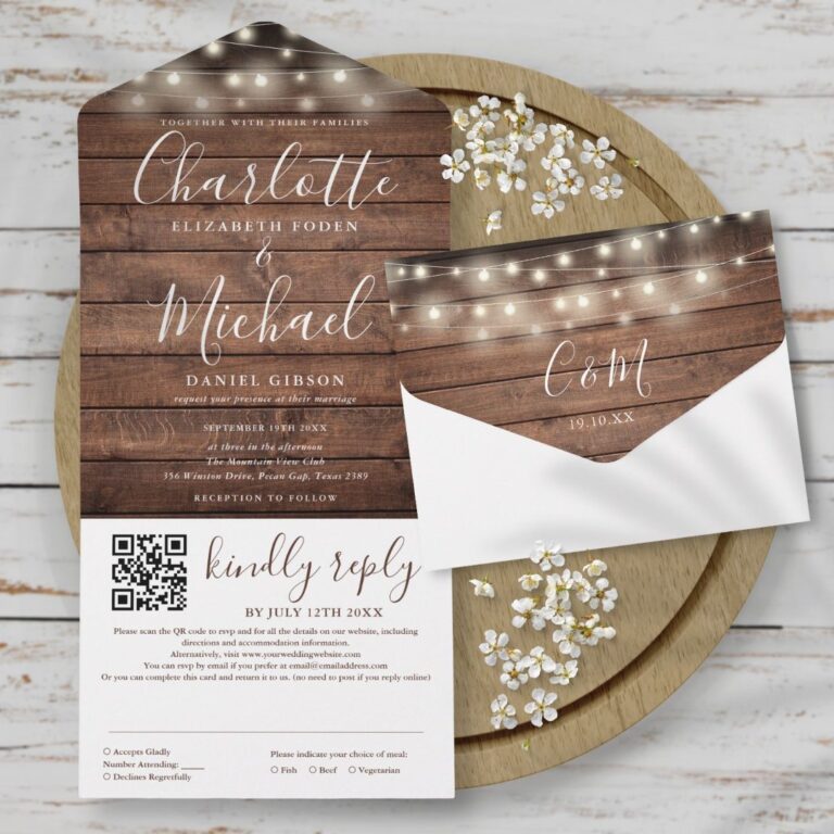 Rustic Wood String Lights QR Code Wedding All In One Invitation