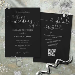 Black And White Heart Script QR Code Wedding Invitation