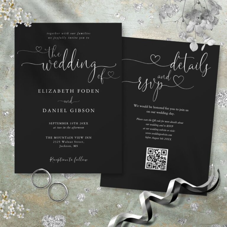 Black And White Heart Script QR Code Wedding Invitation