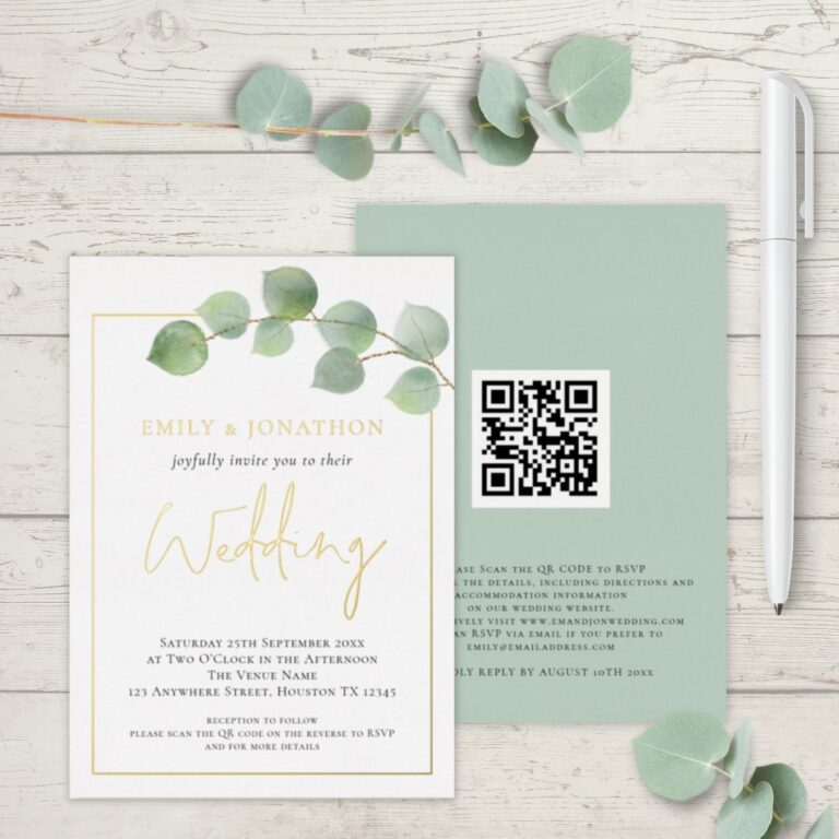 Watercolor Eucalyptus Border Wedding Gold Real Foil Invitation