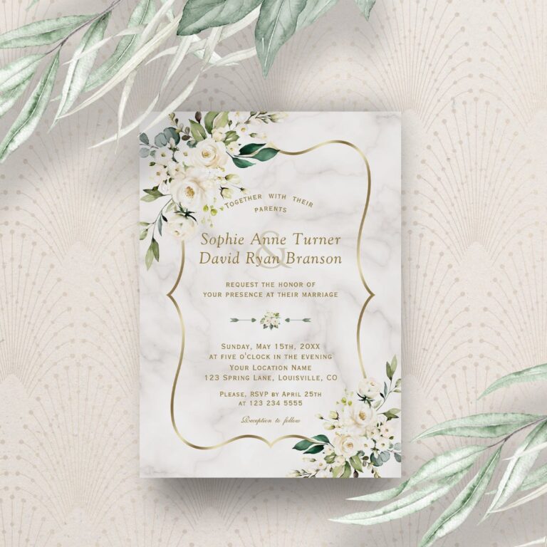 Elegant Delicate White Flowers Gold Marble Wedding Invitation