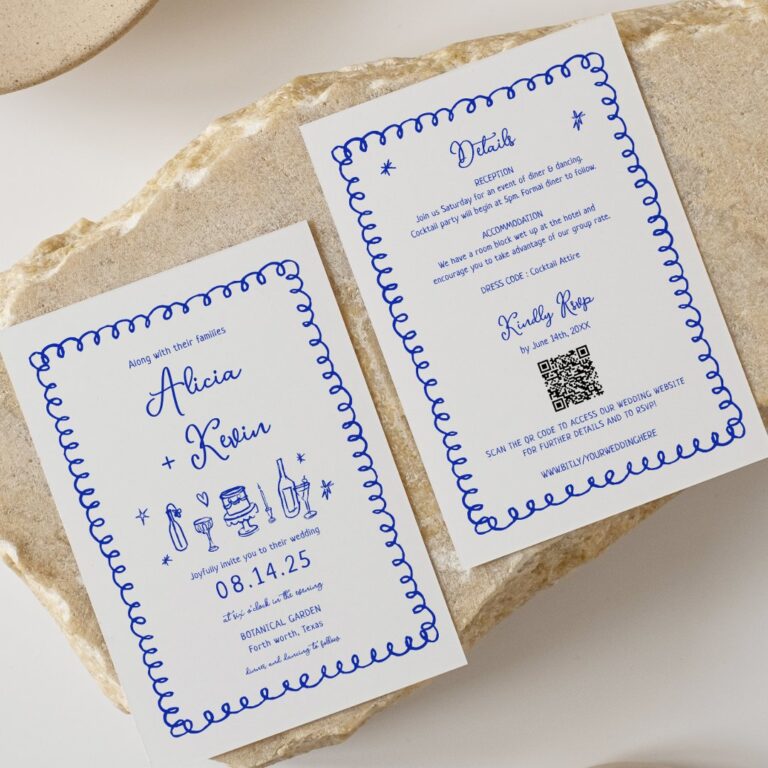 Hand Drawn French Blue Fun Wedding Invitations