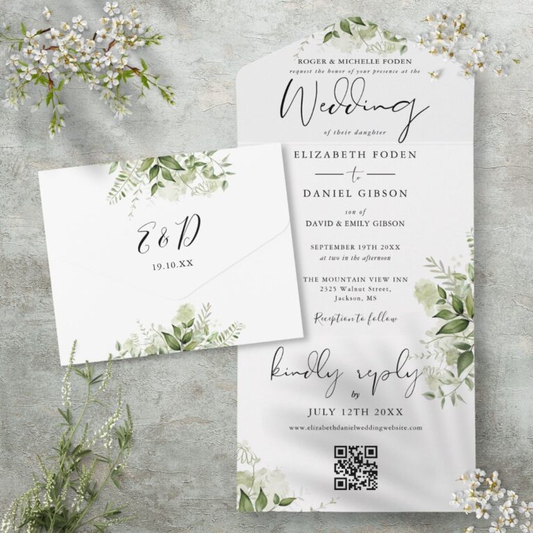 Floral Black And White QR Code Formal Wedding All In One Invitation