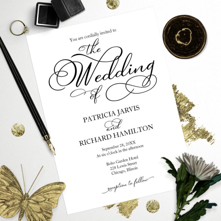 Elegant Script Black And White Wedding Invitation