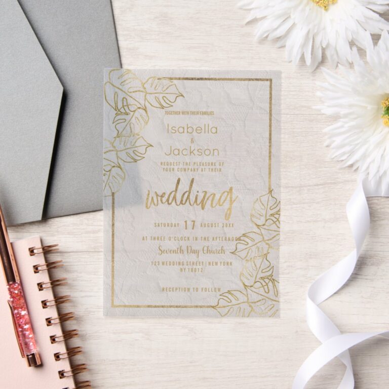 Chic luxury white gold French floral lace Wedding Vellum Invitations