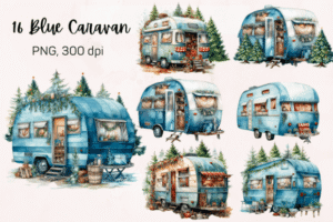 16 Blue Caravan Watercolor Sublimation