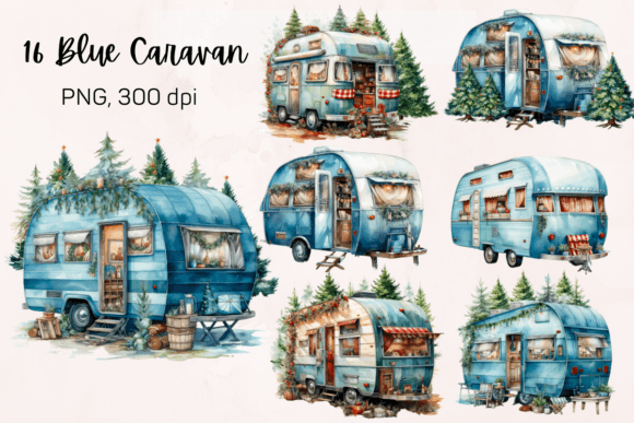 16 Blue Caravan Watercolor Sublimation