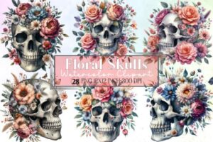 28 PNG Watercolor Floral Skulls Clipart