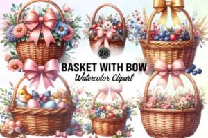 Basket with Bow Watercolor Clipart