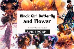 Black Girl Butterfly and Flower Clipart