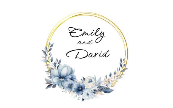 Blue Floral Circle Gold Frame Greenery