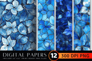 Blue Stained Glass Floral Digital Paper