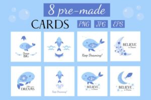 Blue Whale Clipart & Pre-made Cards