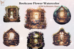 Bookcase Flower Watercolor Cliparts